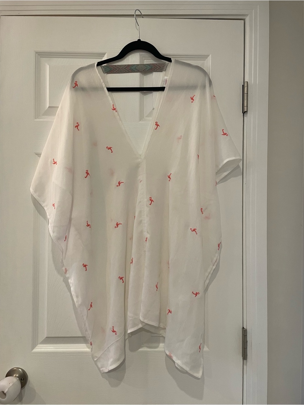 Xhilaration White Sheer V-Neck Coverup with Pink Flamingo Accents